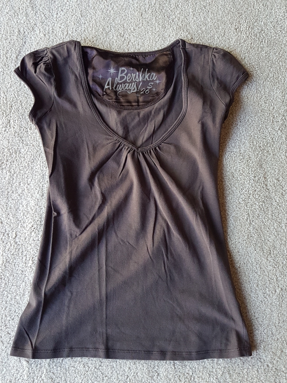 Bershka Women's Chocolate Brown Scoop Neck Cap Sleeve Deep V-neck Top From Spain